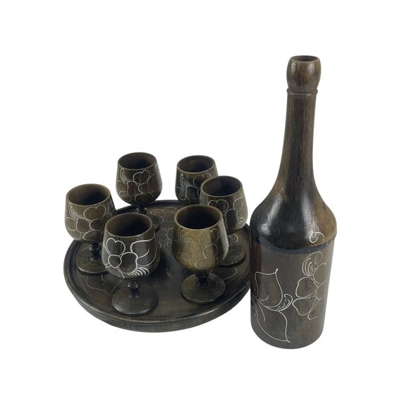 Handcrafted Wooden MCM Hand Turned Decanter Set With 6 Floral Etched Goblets & R - Picture 4 of 12